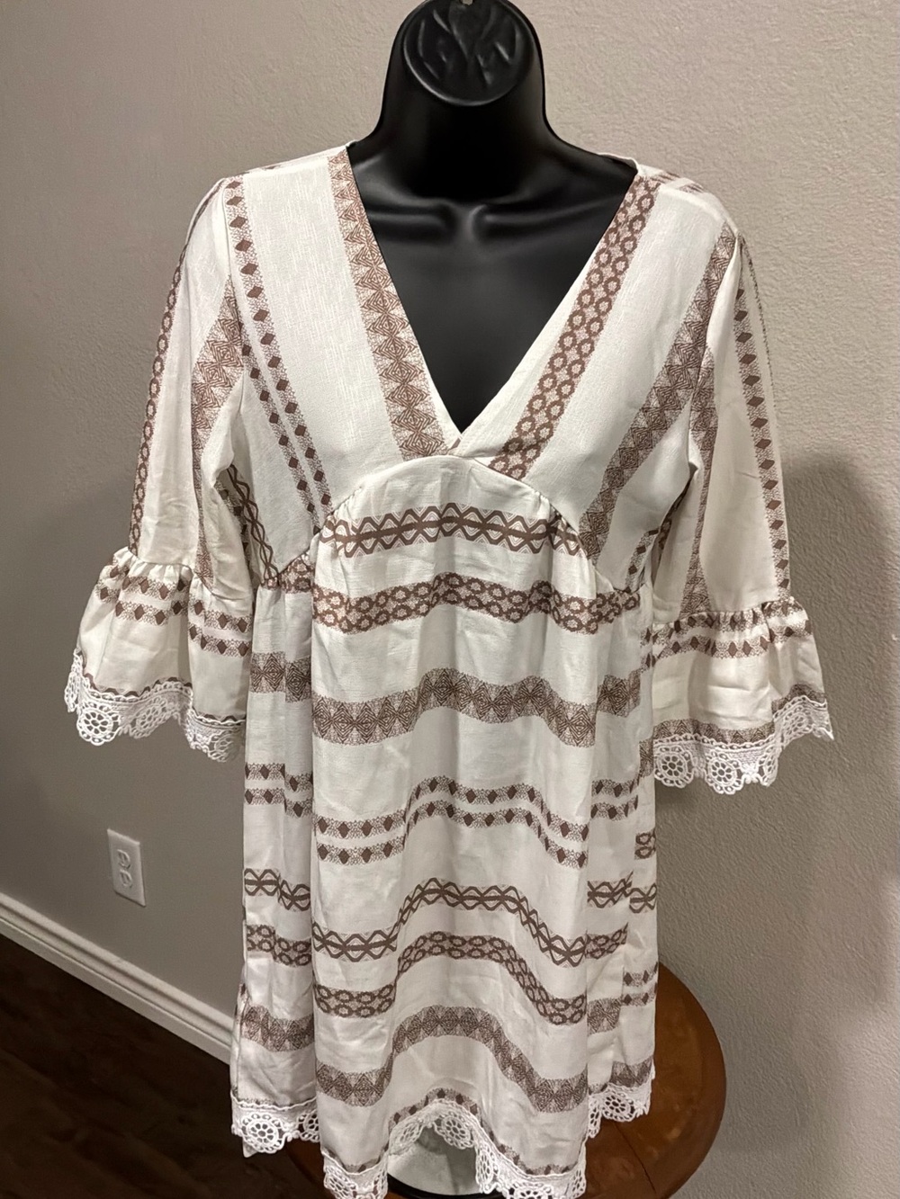Boho White Mini Dress with Brown Embroidered Stripes